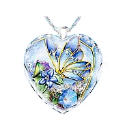 Heart Glass Pendant Necklaces, with Platinum Alloy Chains, Royal Blue, Pendant: 23x25mm(PW23052491682)
