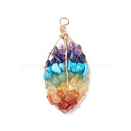 Chakra Natural Mixed Stone Chip Big Pendants, Natural Red Jasper & Red Aventurine & Howlite & Citrine & Amethyst & Green Aventurine & Lapis Lazuli, with Copper Wire Wrapped, Leaf, Mixed Dyed and Undyed, Light Gold, 61~64x29~30x9mm, Hole: 4.4~4.7mm(PALLOY-JF01662-03)