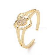 Clear Cubic Zirconia Heart Open Cuff Ring, Brass Jewelry for Women, Golden, Inner Diameter: 18mm(RJEW-G283-10G)