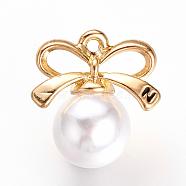 Alloy Pendants, with ABS Plastic Imitation Pearl Beads, Bowknot, Golden, 17.5x16.5x10mm, Hole: 1.5mm(PALLOY-S169-086G)