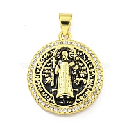 Rack Plating Brass Micro Pave Cubic Zirconia Pendants, with Enamel Cadmium Free & Lead Free, Real 18K Gold Plated, Flat Round, Black, 18x15x4mm, Hole: 5mm(KK-B091-22G-07)