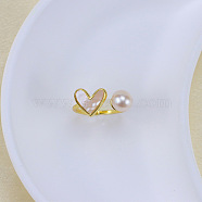 Natural Freshwater Pearl with Natural Shell Cuff Rings, Golden, Heart, Inner Diameter: 15~19mm(WGACE42-13)