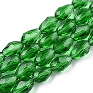 Glass Beads Strands, Faceted, teardrop, Green, 11x8mm, Hole: 1mm, about 57~59pcs/strand, 26.38~26.77 inch(X-GLAA-R024-11x8mm-6)