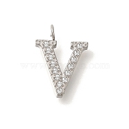 304 Stainless Steel Micro Pave Cubic Zirconia Pendants, Letter A~Z Charms, Letter V, 13x9.5x2mm, Hole: 1.8mm(STAS-H228-06P-V)