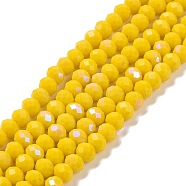 Electroplate Opaque Solid Color Glass Beads Strands, Half Rainbow Plated, Faceted, Rondelle, Yellow, 6x5mm, Hole: 1mm, about 83~85pcs/strand, 38~39cm(EGLA-A034-P6mm-L02)