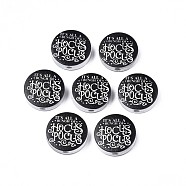 Halloween Printed Natural Wood Beads, Flat Round with Word Hocus Pocus, Black, 19~20x5.9mm, Hole: 2~2.2mm(WOOD-T021-58)