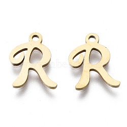 201 Stainless Steel Charms, Laser Cut, Alphabet, Golden, Letter.R, 12x9x1mm, Hole: 1.4mm(STAS-T044-217G-R)
