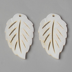 Natural Freshwater Shell Pendants, Leaf, Creamy White, 30x18x2mm, Hole: 1.4mm(X-SHEL-N026-86)