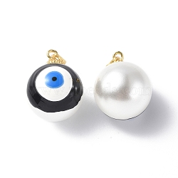 Shell Enamel Pendants, with Real 18K Gold Plated Brass Findings, Long-Lasting Plated, Round with Evil Eye Charm, Black, 20x16x17mm, Hole: 3.5x4.5mm(KK-G449-02I)