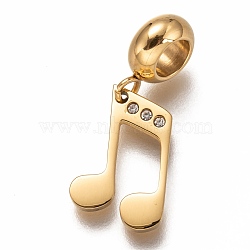 304 Stainless Steel European Dangle Charms, Large Hole Pendants, with Crystal Rhinestone, Musical Note, Golden, 25mm, Hole: 4.5mm, Pendants: 16.5x10x1.5mm(STAS-I177-07G)