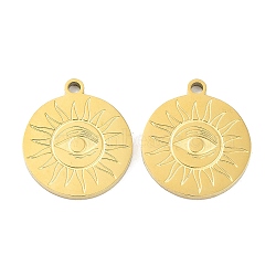 Ion Plating(IP) 316L Surgical Stainless Steel Pendants, Flat Round with Sun Charm, Real 18K Gold Plated, 17.5x15x1.5mm, Hole: 1.6mm(STAS-D029-11G)