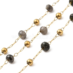 304 Stainless Steel Handmade Beaded Chains, with Dyed White Jades, with Spool, Unwelded, Real 18K Gold Plated, Silver, 3~4.5x3~3.5mm, about 32.81 Feet(10m)/Roll(CHS-P017-A03-G)