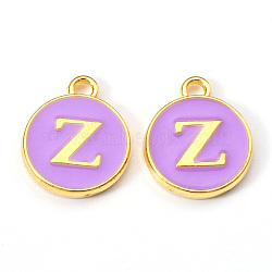 Golden Plated Alloy Enamel Charms, Enamelled Sequins, Flat Round with Letter, Medium Purple, Letter.Z, 14x12x2mm, Hole: 1.5mm(ENAM-S118-10Z)