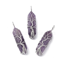Natural Amethyst Copper Wire Wrapped Pendants, Faceted Bullet Charms, Platinum, 49x14.5x11.5mm, Hole: 5mm(G-F733-05E)