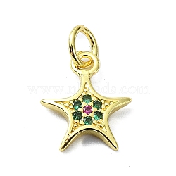 Brass Micro Pave Colorful Cubic Zirconia Pendants, with Jump Ring, Star Charm, Real 18K Gold Plated, 12.5x10.5x2mm, Hole: 3mm(KK-H475-19G-05)