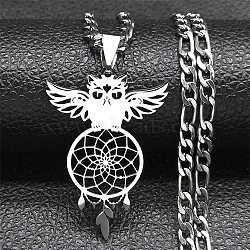 Non-Tarnish 304 Stainless Steel Necklaces, Owl with Woven Net/Web with Feather Pendant Necklaces, Stainless Steel Color, 19.96 inch(50.7cm)(NJEW-Q338-13P)