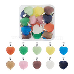 20Pcs 10 Colors Cat Eye Pendants, with Platinum Plated Zinc Alloy Finding, Heart, Mixed Color, 23x20x5.5mm, Hole: 7.5x3.5mm, 2pcs/color(G-CW0001-10)