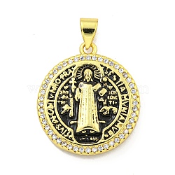 Rack Plating Brass Micro Pave Cubic Zirconia Pendants, with Enamel Cadmium Free & Lead Free, Real 18K Gold Plated, Flat Round, Black, 18x15x4mm, Hole: 5mm(KK-B091-22G-07)