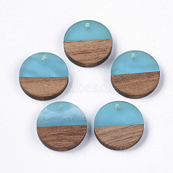 Resin & Walnut Wood Pendants, Flat Round, Dark Turquoise, 18x3.5mm, Hole: 1.5mm(RESI-S358-02C-C01)