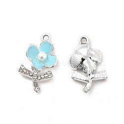 Alloy Rhinestone Enamel Pendants, with ABS Plastic Imitation Pearl Beads, Flower Charms, Platinum, Light Blue, 19.5x11x4mm, Hole: 1.5mm(ENAM-K020-01B)