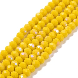 Electroplate Opaque Solid Color Glass Beads Strands, Half Rainbow Plated, Faceted, Rondelle, Yellow, 6x5mm, Hole: 1mm, about 85~88pcs/strand, 16.1~16.5 inch(41~42cm)(EGLA-A034-P6mm-L02)