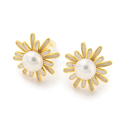 Brass Flower Stud Earrings with Natural Pearl, with 925 Sterling Silver Pins, Real 18K Gold Plated, 15x15mm(EJEW-Z020-09G)