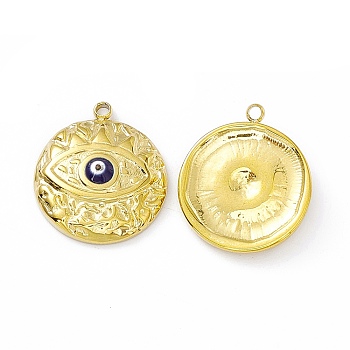 Vacuum Plating 201 Stainless Steel Pendants, with Enamel, Real 18K Gold Plated, Flat Round with Evil Eye Charm, Prussian Blue, 18.5x16x3.7mm, Hole: 1.4mm