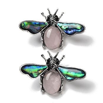 Tibetan Style Alloy Insect Brooches, with Natural Rose Quartz and Natural Paua Shell, Antique Silver, 36x56.5x13mm