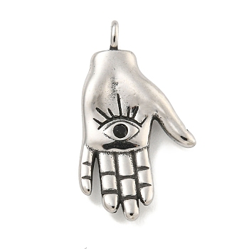 316 Surgical Stainless Steel Pendants, with Rhinestone, Hand with Eye Charm, Antique Silver, 27.5x15x4mm, Hole: 2mm