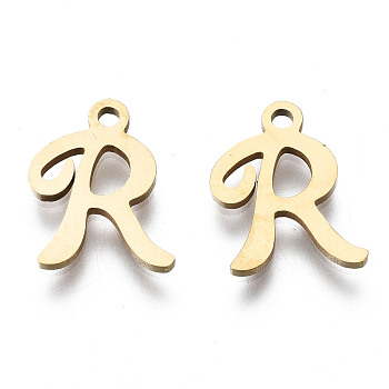201 Stainless Steel Charms, Laser Cut, Alphabet, Golden, Letter.R, 12x9x1mm, Hole: 1.4mm