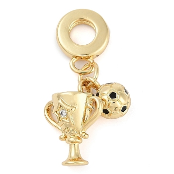 Rack Plating Brass Micro Pave Cubic Zirconia European Dangle Charms, Enamel Football Large Hole Pendants, Real 18K Gold Plated, Long-Lasting Plated, Cadmium Free & Lead Free, Black, 28mm, Hole: 4.5mm