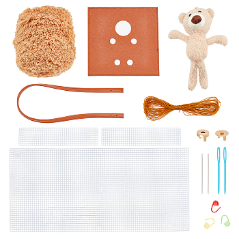 DIY Bear Shoulder Bag Making Kit, Including Woolen, Bag Straps & Needles & Rope & D-rings & Bear & Plastic Grids, Sienna, 56x1.1x0.35cm