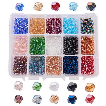 Glass Beads, AB Color Plated, Faceted, Bicone, Mixed Color, 4x4mm, Hole: 1mm, 1strand/color(about 90pcs/strand)