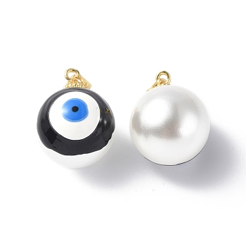 Shell Enamel Pendants, with Real 18K Gold Plated Brass Findings, Long-Lasting Plated, Round with Evil Eye Charm, Black, 20x16x17mm, Hole: 3.5x4.5mm