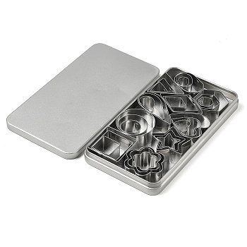 (Defective Closeout Sale: Scratched Uneven Box) 430 Stainless Steel Cookie Cutters, with Iron Rectangle Box, Mix-shaped, Heart/Star/Flower, Stainless Steel Color, 169x89x17mm