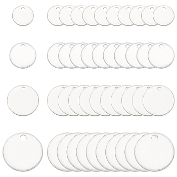 120Pcs 4 Styles 304 Stainless Steel Charms, Flat Round Charm, Stainless Steel Color, 8~15x1mm, Hole: 1~1.5mm, 30pcs/style