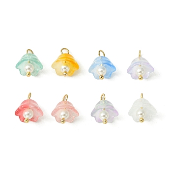 Transparent Spray Painted Glass Charms, with Shell Pearl Beads & Brass Loops, Flower Charm, Mixed Color, 12.5x9.5x9.5mm, Hole: 2.2mm