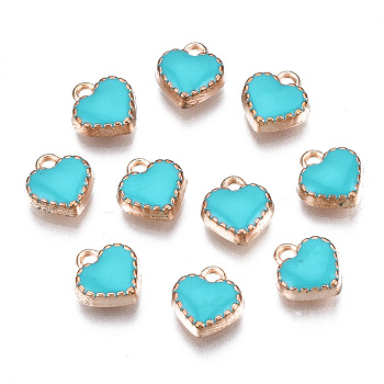 Alloy Enamel Charms, Heart, Light Gold, Dark Turquoise, 8x7.50x2.50mm, Hole: 1.5mm