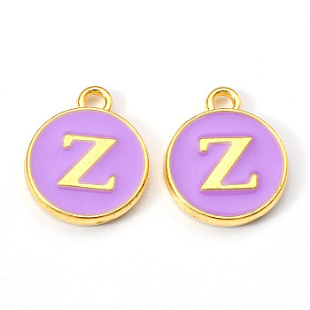 Golden Plated Alloy Enamel Charms, Enamelled Sequins, Flat Round with Letter, Medium Purple, Letter.Z, 14x12x2mm, Hole: 1.5mm