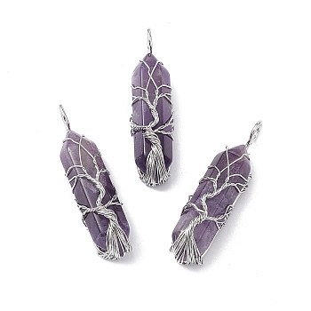 Natural Amethyst Copper Wire Wrapped Pendants, Faceted Bullet Charms, Platinum, 49x14.5x11.5mm, Hole: 5mm