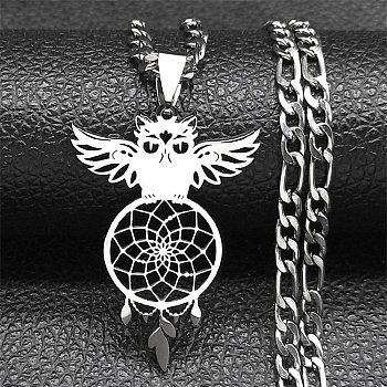 304 Stainless Steel Necklaces, Owl with Woven Net/Web with Feather Pendant Necklaces, Stainless Steel Color, 19.96 inch(50.7cm)