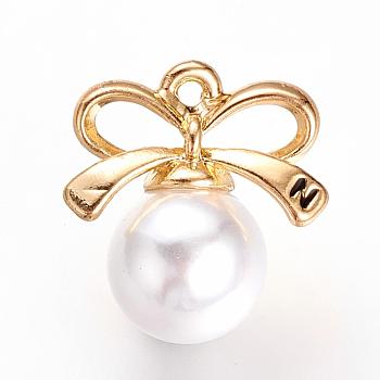 Alloy Pendants, with ABS Plastic Imitation Pearl Beads, Bowknot, Golden, 17.5x16.5x10mm, Hole: 1.5mm