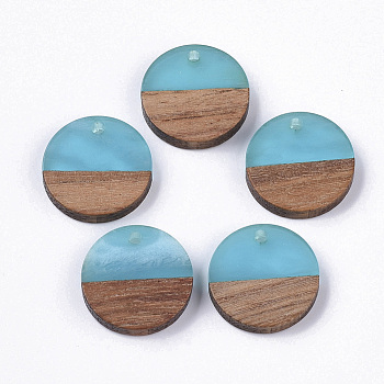 Resin & Walnut Wood Pendants, Flat Round, Dark Turquoise, 18x3.5mm, Hole: 1.5mm