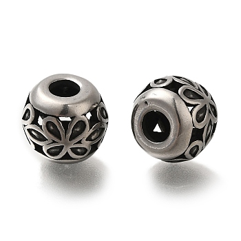 304 Stainless Steel European Beads, Large Hole Beads, Rondelle with Flower, Antique Silver, 11x9.5mm, Hole: 4mm