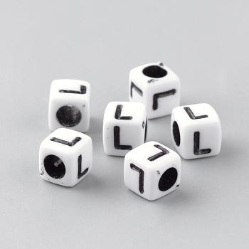 Opaque Acrylic Beads, Letter Style, Cube, Letter.L, 6x6x6mm, Hole: 3mm, about 3000pcs/500g