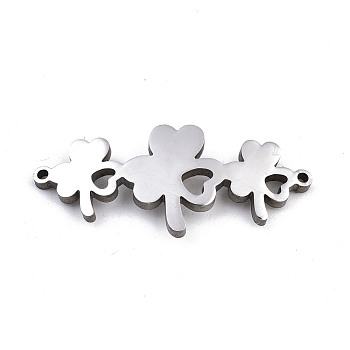 304 Stainless Steel Link Connectors, Laser Cut, Clover, Stainless Steel Color, 13.5x30x1.5mm, Hole: 1mm