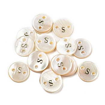 Freshwater Shell Buttons, Flat Round , Letter S, 12x2mm, Hole: 1.6mm