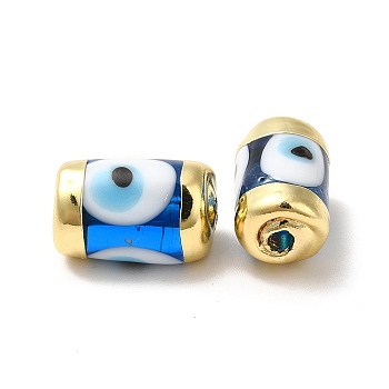 Handmade Evil Eye Lampwork Beads, with Light Gold Tone Brass Findings, Long-Lasting Plated, Lead Free and Cadimum Free, Column, Dodger Blue, 14.5~15x9~9.5mm, Hole: 1.8mm