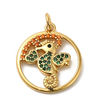 Flat Round with Sea Horse Rack Plating Brass Micro Pave Colorful Cubic Zirconia Pendants, with Jump Ring, Long-Lasting Plated, Lead Free & Cadmium Free, Real 18K Gold Plated, 20.5x18x2.5mm, Hole: 3mm