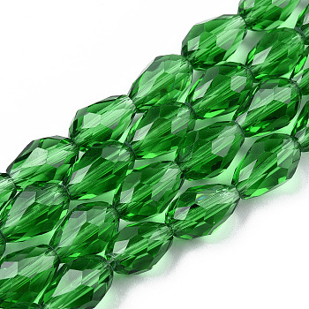 Glass Beads Strands, Faceted, teardrop, Green, 11x8mm, Hole: 1mm, about 57~59pcs/strand, 26.38~26.77 inch